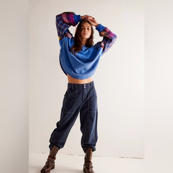 We The Free Easy On Me Pullover Patchwork Top Sz XS Blue Multicolor Cozy Style - Picture 6 of 13